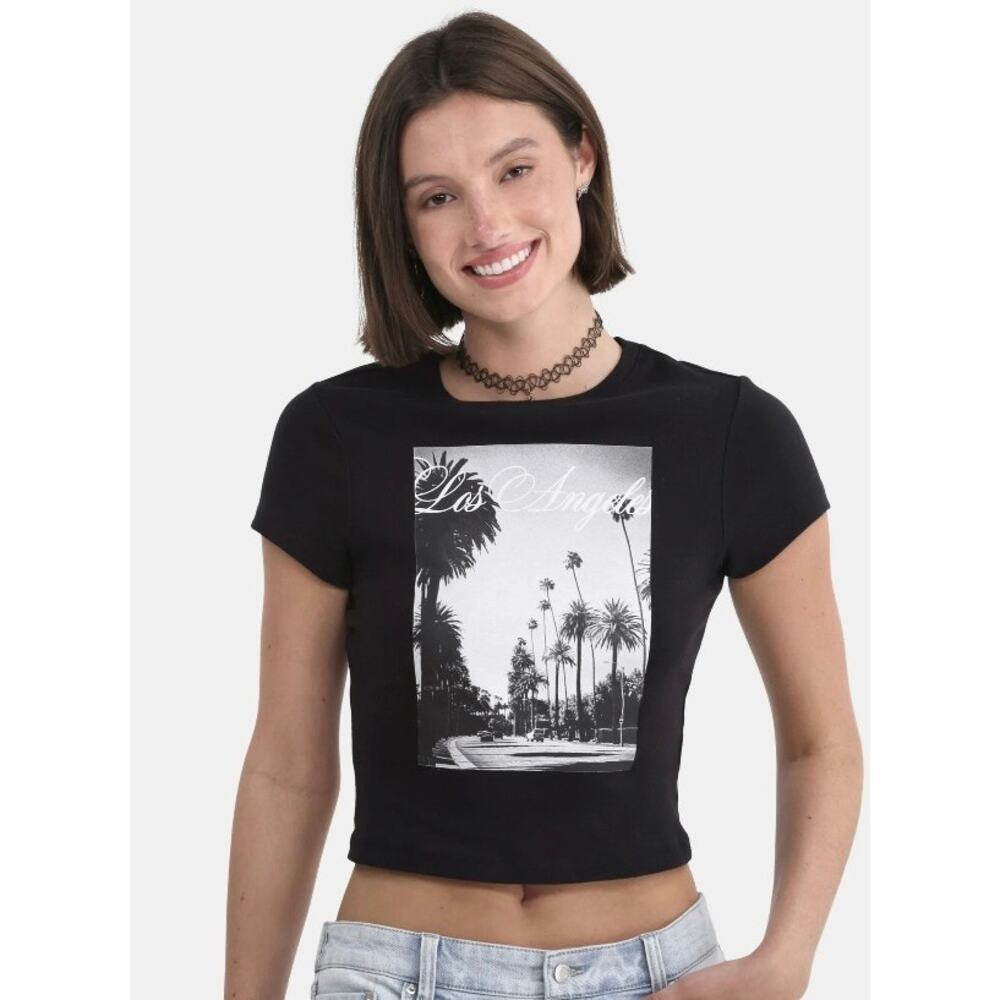 No Boundaries Ribbed Cotton Graphic Print Baby Tee Women Sz M Black Los Angeles